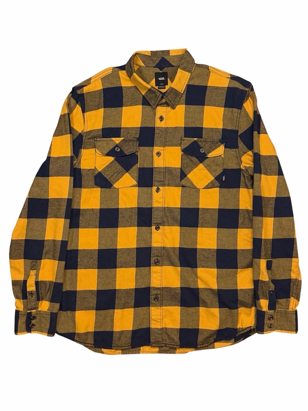 EUC Vans 2017 Yellow Navy Buffalo Plaid Flannel Long Sleeve Shirt Men sz. L
